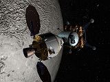 Kosmická loď Orion s lunárním modulem LSAM u Měsíce