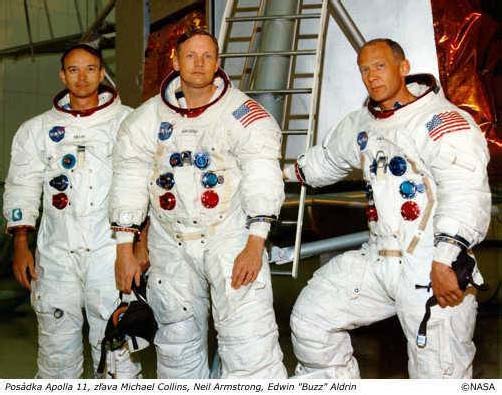 Posdka Apolla 11, zleva Michael Collins, Neil Armstrong, Edwin "Buzz" Aldrin