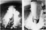 3) Jenom ,,rybí oko,, může zblízka zachytit Saturn V v jeho velikosti. A právě tímto objektivem byly pořízeny oba snímky: levý ukazuje raketu několik okamžiků před startem, pravý bezprostředně poté co se odpoutala.