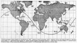 Prmt poslednho obhu Skylabu na zemsk povrch. ASC - sledovac stanice Ascension; BDA - sledovac stanice Bermuda (kroukem je vyznaen jejich dosah); D - vypotan msto dopadu; R - oblast rozptylu dopadu jednotlivch lomk; J - jin hranice ohroen oblasti, S - severn hranice ohroen oblasti. sly je vyznaena piblin poloha stanice v tvrthodinovch intervalech (ve svtovm ase)