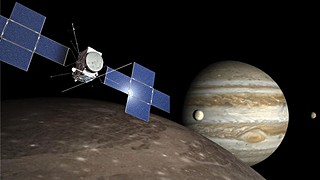 Kresba sondy JUICE u Ganymedu a Jupiteru 