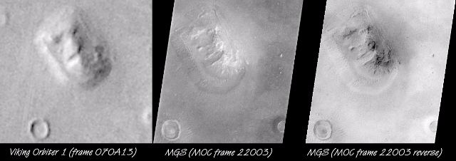Porovnání snímků Tváře na Marsu z Vikingu 1 (vlevo) a MGS